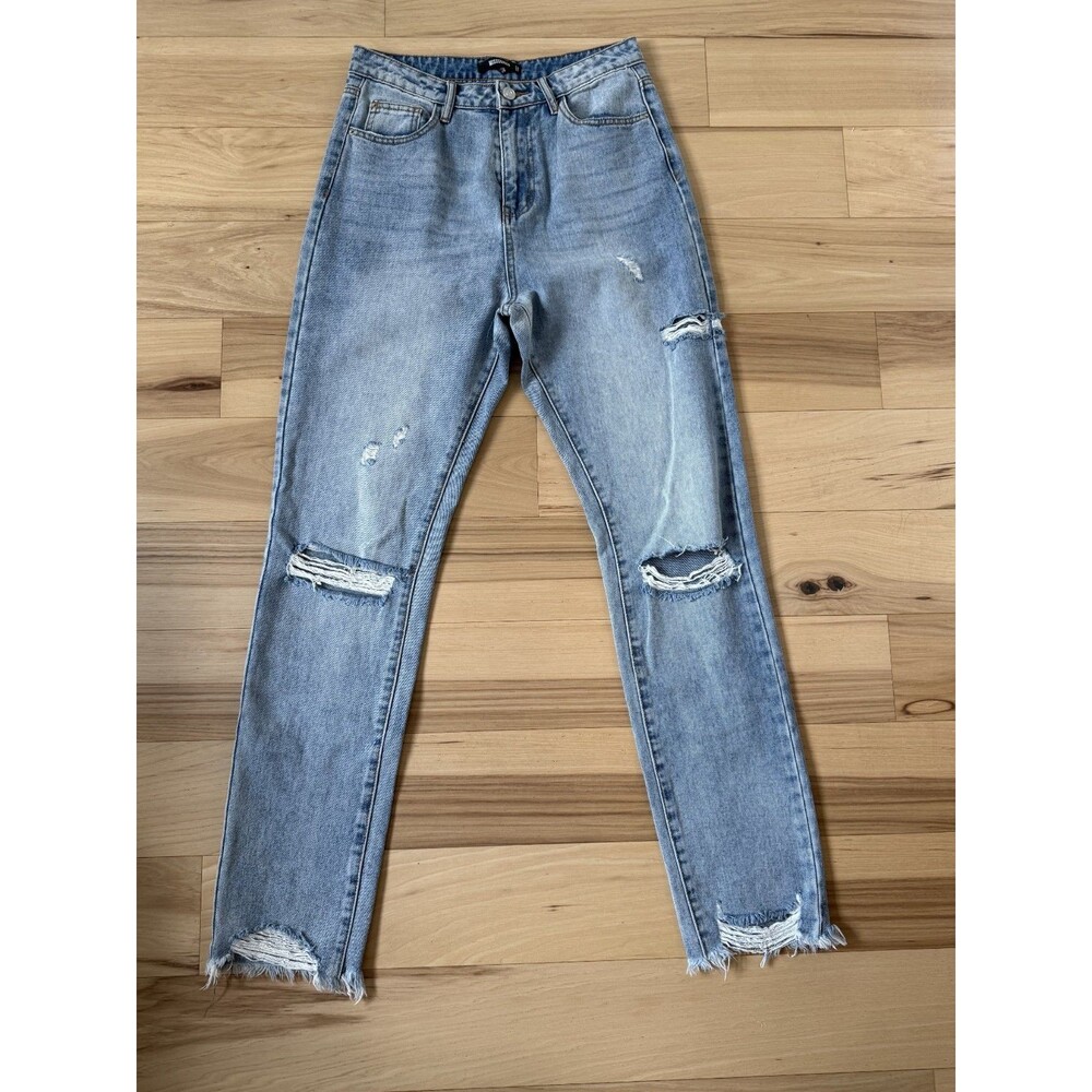 Missguided Jeans Sz 6 Light Denim Slashed Straight Leg Raw Hem Distressed Fringe
